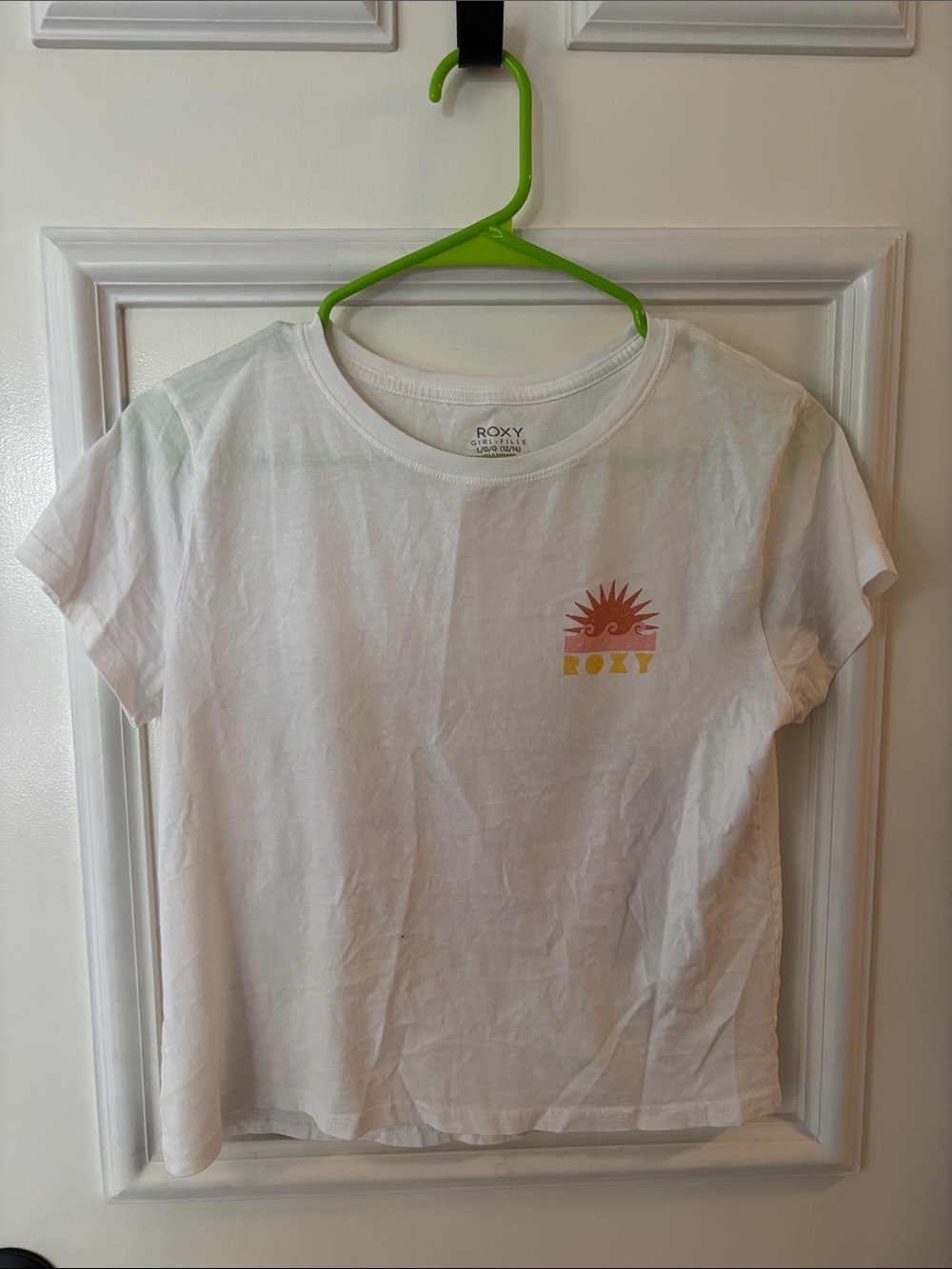 Roxy White Tee with Orange and Yellow Sun Graphic
